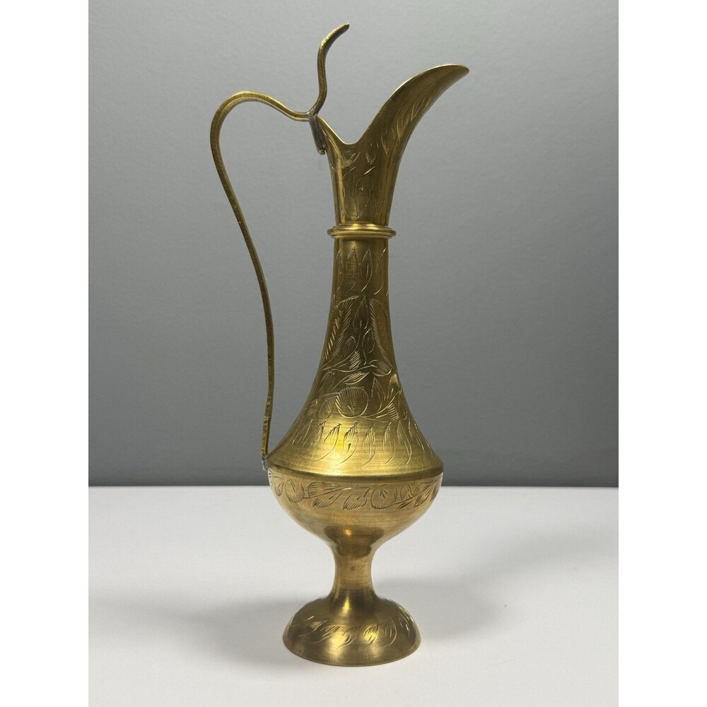 India Brass Ewer Pitcher Engraved Cobra Floral Long Spout Pedestal Vase VTG